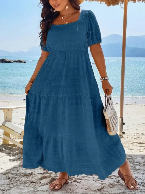 Plus Size 1XL-5XL Women's Fashionable Square Neck Solid Color Short Sleeved Dress Ladies Casual A-line Skirt Long Dress