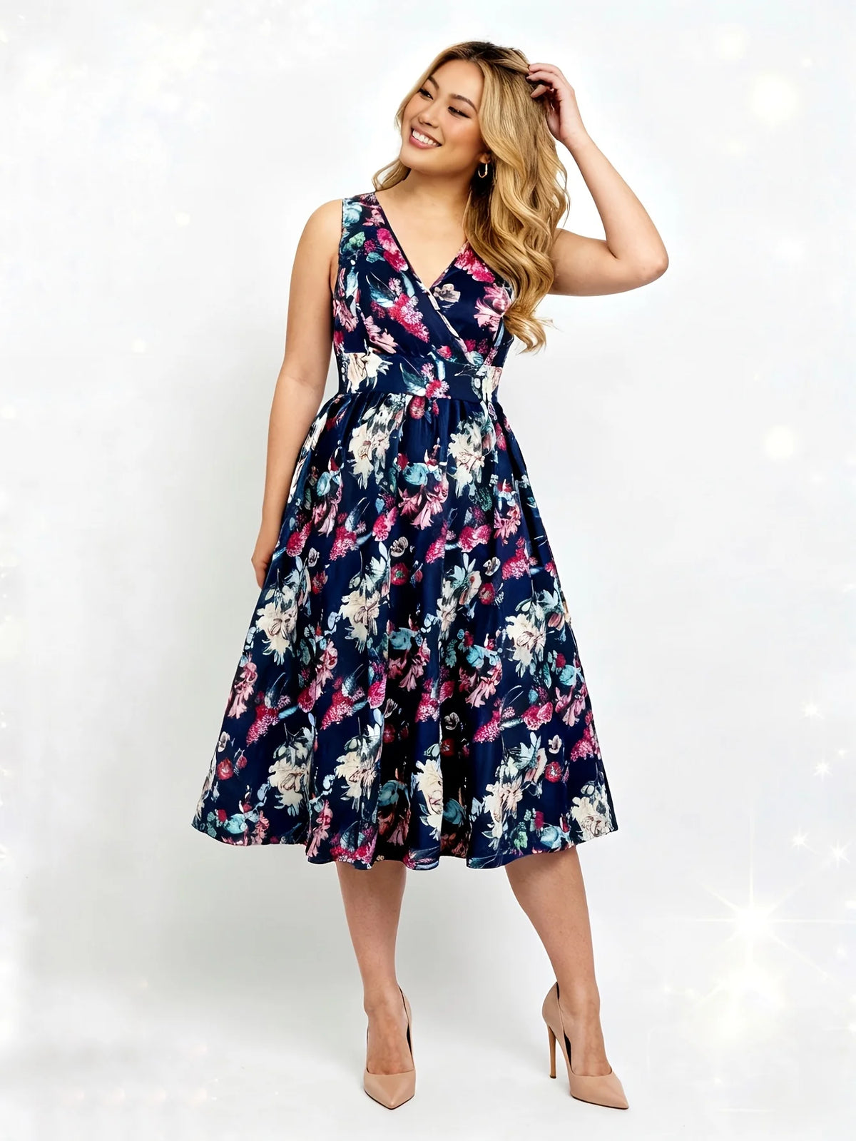 Plus Size Navy Floral Print Dress, Retro Sleeveless Flared Midi Dress with Cinched Waist