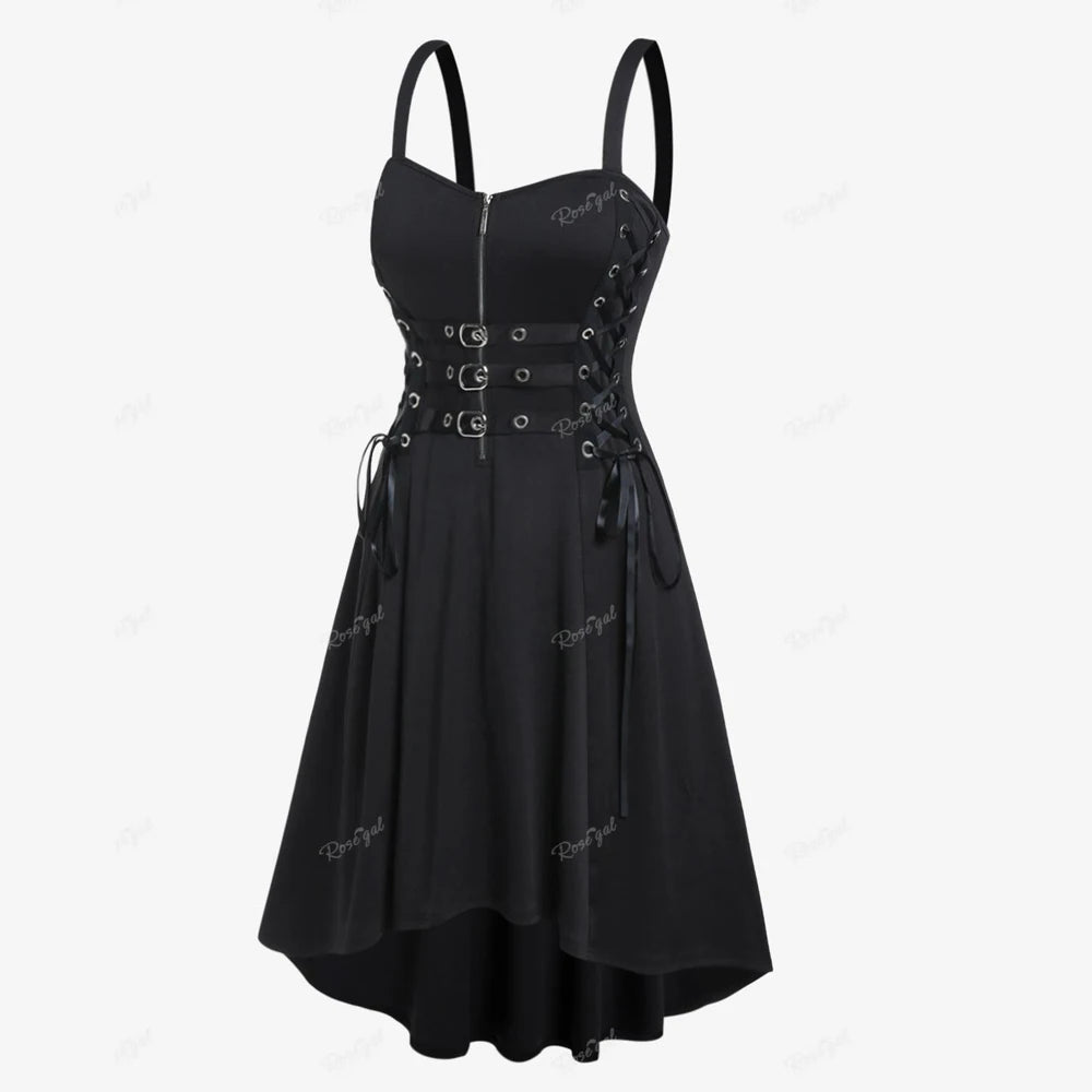 Plus Size Gothic Buckled Lace Up Midi Dress High Waist Sweetheart Neck Asymmetrical Half Zip Sleeveless Party Punk Dress