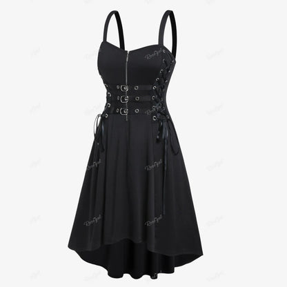 Plus Size Gothic Buckled Lace Up Midi Dress High Waist Sweetheart Neck Asymmetrical Half Zip Sleeveless Party Punk Dress