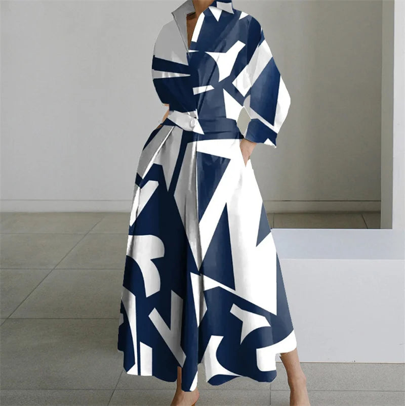 Plus Size Dress for Women Summer Elegant Lapel Oil Painting Button Shirt Dress Vestidos Casual 3/4 Sleeve Dress Party Vestido