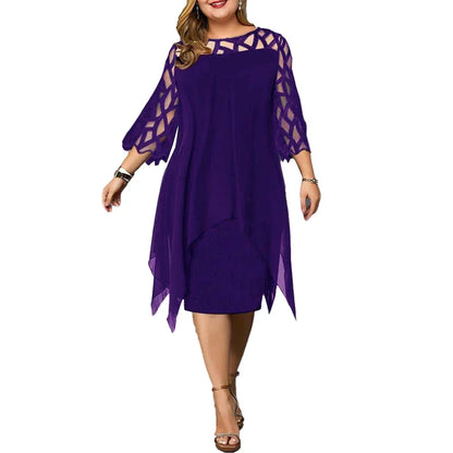Elegant Women Party Dress Plus Size Evening Dresses Hollow Out Lace Sleeve Monochrome Irregular Hem Chiffon Dress
