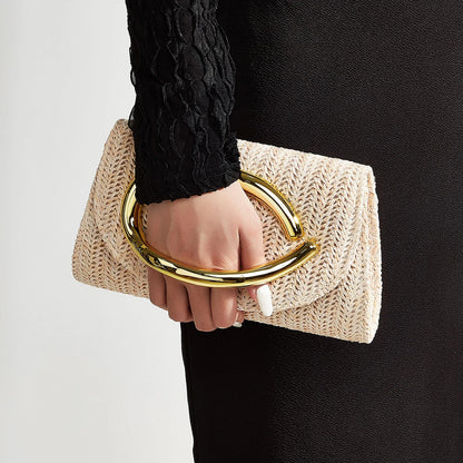 Women's Woven Clutch Bag with Flap, Stylish Handle, Detachable Shoulder Strap, Simple Solid Color, Wedding Season, Party, Prom, Gathering, Envelope Bag, Flap Bag, Summer Beach, Holiday Essential, Vacation Season, Solid Color,