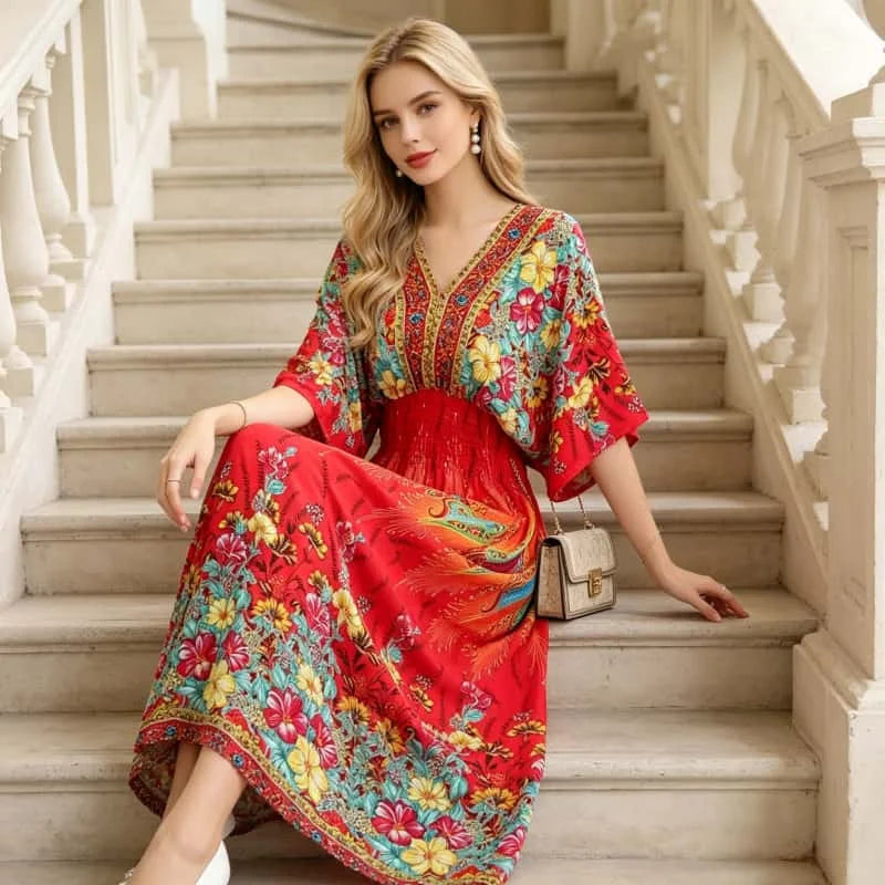 Plus Size Elegant Party Woman Midi Dresses Casual Retro Ethnic Style V-neck Tunic Large Swing Floral Printed Long Skirt Holiday