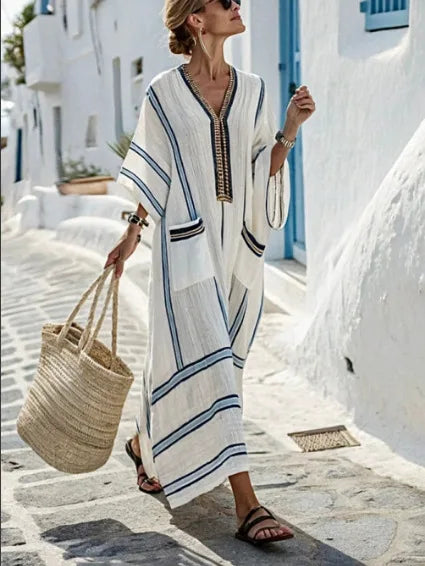 Plus Size Dress Women Boho Striped Extra Long V Neck Oversized Robe Summer Linen Beach Vacation Daily Casual Commuting Vestidos