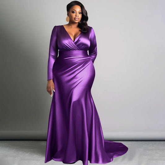 Plus Size Elegant Women Dress Solid V-Neck Long Sleeve High Waist Luxury Evening Gown Party Wedding Guest Fishtail Long Dresses
