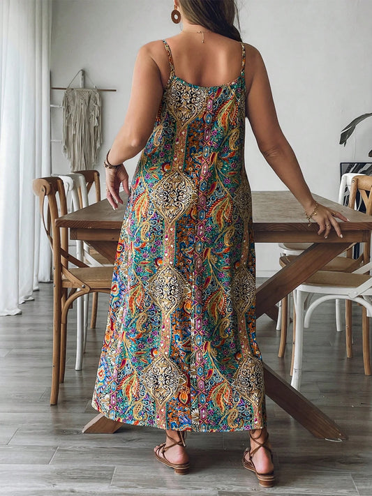 Plus Size Floral Paisley Maxi Dress Flowy Beachy Boho Vacation Gown Summer Dress