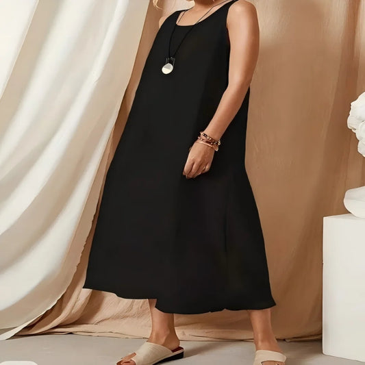 Plus Size Women's Black Sleeveless Loose Midi Dress - Casual Minimalist Comfort Style (0XL-4XL)