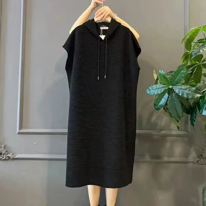 Women Large Size 4XL Pleated Long Dress Summer Female Fashion Solid Color Vestidos Spring Ladies Hooded Knee Length Maxi Dresses