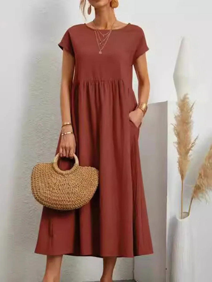 Women Plus Size A Line Midi Dress Round Neck Short Sleeve Solid Color Pleated High Waist Pockets Outfits Women's Casual Dresses