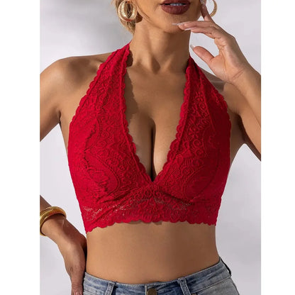 Plus Size Sexy Floral Lace Backless Halter Bra Comfy & Breathable Deep V-neck Seamless Wire Free Bras Women Underwear