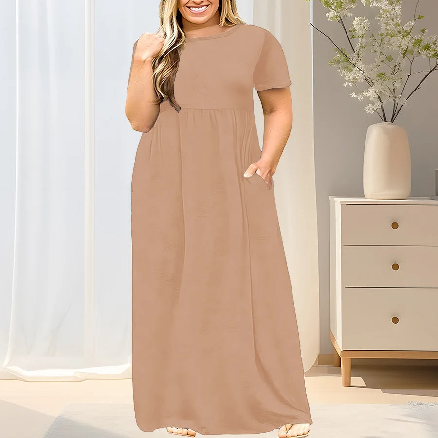 2024 New Women's Plus Size Casual Summer Dress - A-Line Short Sleeve Round Neck Maxi Dress, Machine Washable Solid Color Breatha