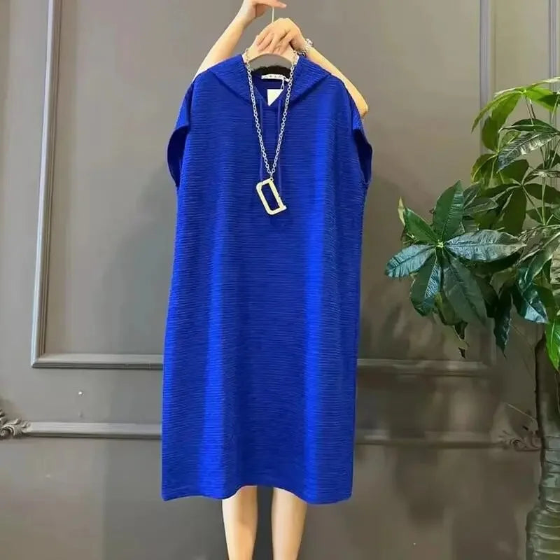 Women Large Size 4XL Pleated Long Dress Summer Female Fashion Solid Color Vestidos Spring Ladies Hooded Knee Length Maxi Dresses