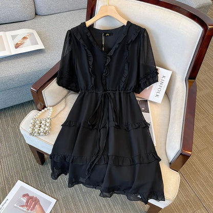 Plus Size 150Kg Women's New Summer Bust 148cm Loose V-Neck Short Sleeve Dress Black White 5XL 6XL 7XL 8XL 9XL 10XL