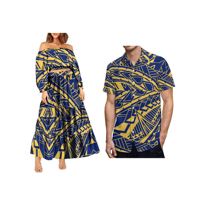 New Fashion Custom Plus Size Lady Full Sleeve Off Shoulder Crop Top and Long Pleated Skirt Samoan Polynesian Dress Women 2pcs