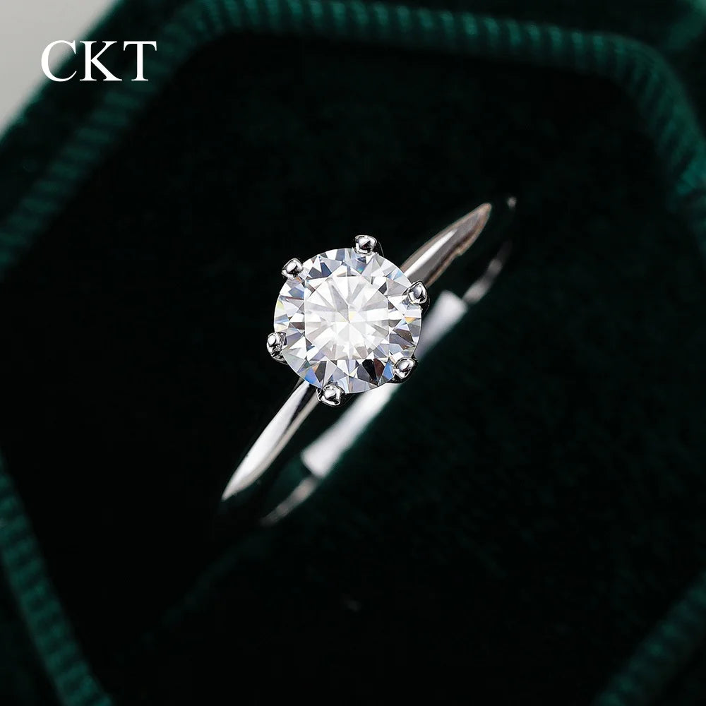 CKT Real 18k White Gold 0.5-5ct Diamond Moissanite Rings for Women Classic Six-Claw Crown Proposal Platinum Pt950 Bands Jewelry