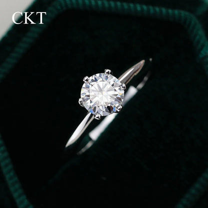 CKT Real 18k White Gold 0.5-5ct Diamond Moissanite Rings for Women Classic Six-Claw Crown Proposal Platinum Pt950 Bands Jewelry