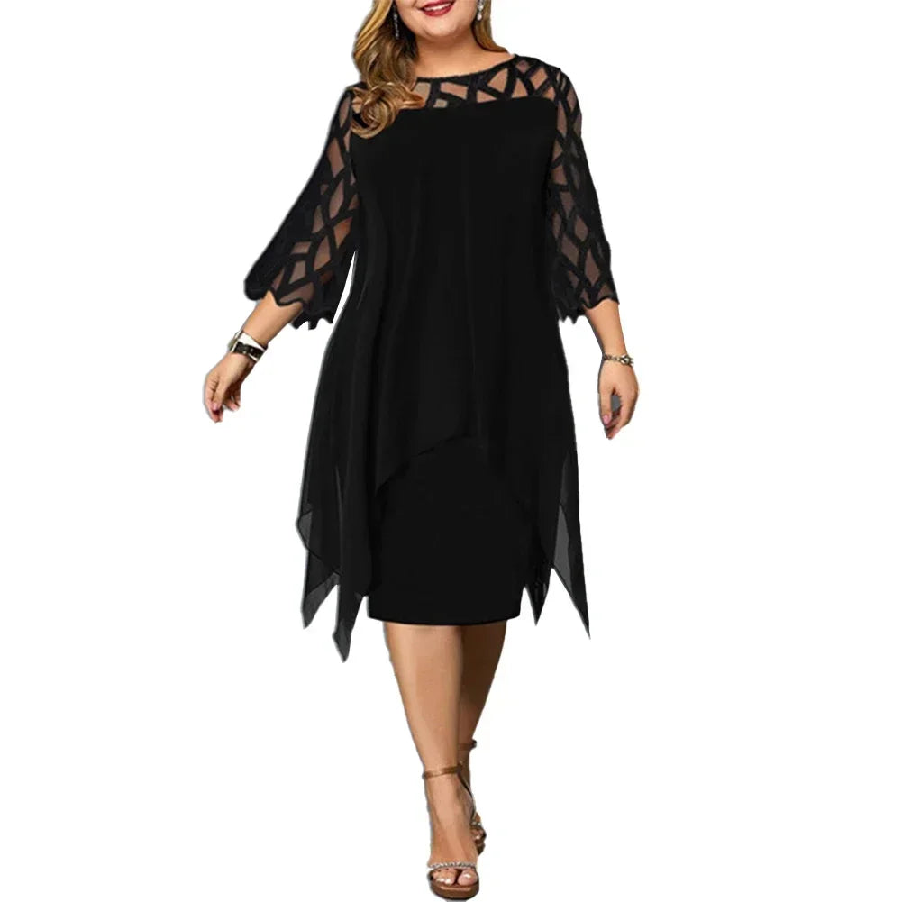 Elegant Women Party Dress Plus Size Evening Dresses Hollow Out Lace Sleeve Monochrome Irregular Hem Chiffon Dress