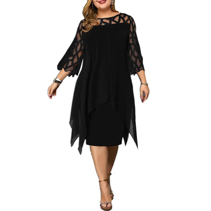 Elegant Women Party Dress Plus Size Evening Dresses Hollow Out Lace Sleeve Monochrome Irregular Hem Chiffon Dress