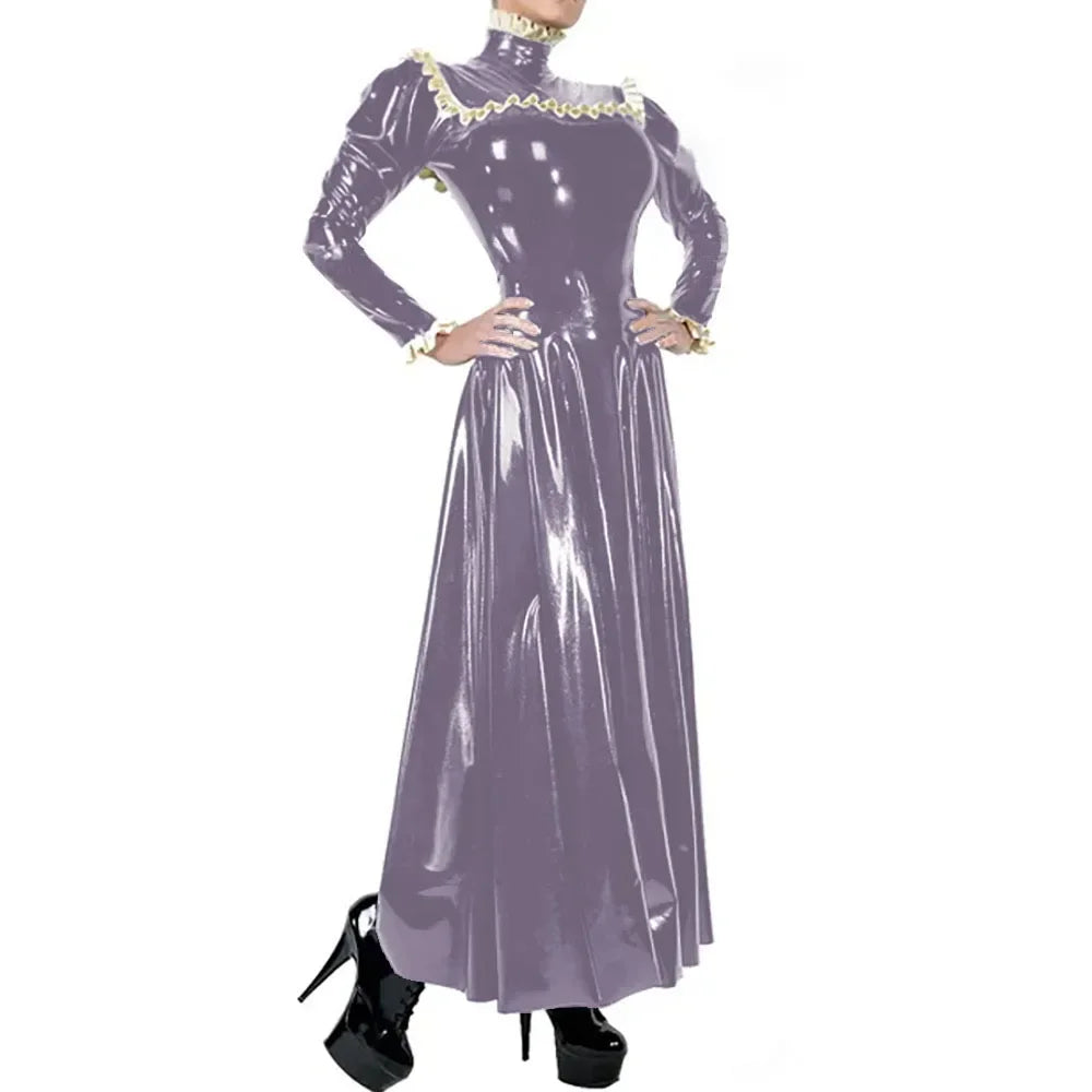 Plus Size Ladies Elegant Long Dress High Neck Ruched Trims Long Sleeved Vestidos Bodycon Back Zip Wetlook PVC Leather Ball Gowns