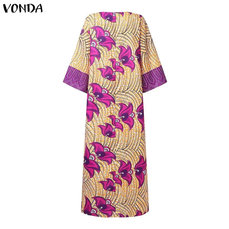 Plus Size 5XL VONDA Bohemian Print Maxi Dresses Women Vintage Long Vestidos Casual Holiday Party Robe 3/4 Sleeve Curve Sundress
