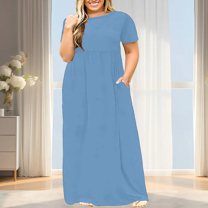 2024 New Women's Plus Size Casual Summer Dress - A-Line Short Sleeve Round Neck Maxi Dress, Machine Washable Solid Color Breatha