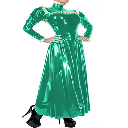 Plus Size Ladies Elegant Long Dress High Neck Ruched Trims Long Sleeved Vestidos Bodycon Back Zip Wetlook PVC Leather Ball Gowns