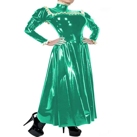 Plus Size Ladies Elegant Long Dress High Neck Ruched Trims Long Sleeved Vestidos Bodycon Back Zip Wetlook PVC Leather Ball Gowns
