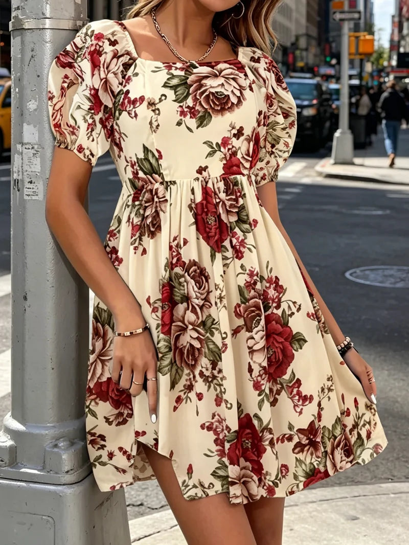 Plus Size 1XL-5XL Fashion Short Sleeve Floral Print Dress Ladies Casual Puff Sleeve Square Neck Dress For Spring & Summer