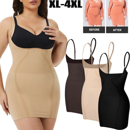 Plus Size Shapewear Dress for Women Tummy Control Open Bust Full Slip Under Dresses Body Shaper Slip Adjustable Strap New