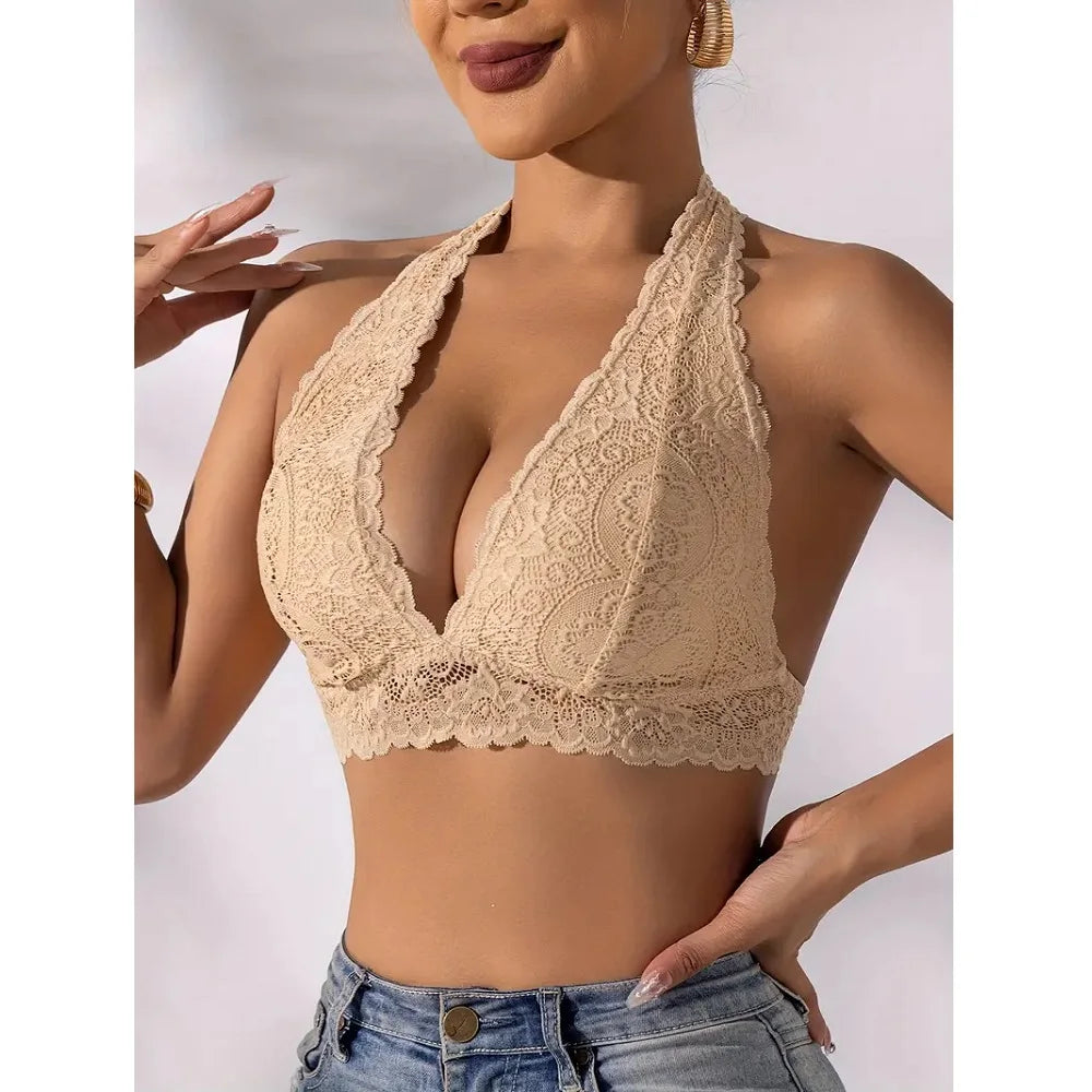 Plus Size Sexy Floral Lace Backless Halter Bra Comfy & Breathable Deep V-neck Seamless Wire Free Bras Women Underwear