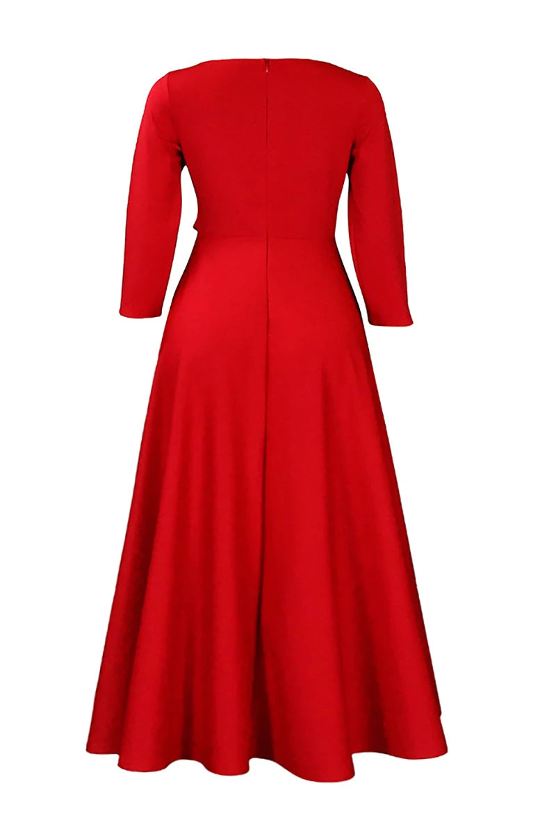 Plus Size Women Christmas Dress Red Fall Winter Round Neck With Pocket Wrap Elegant Midi Dresses