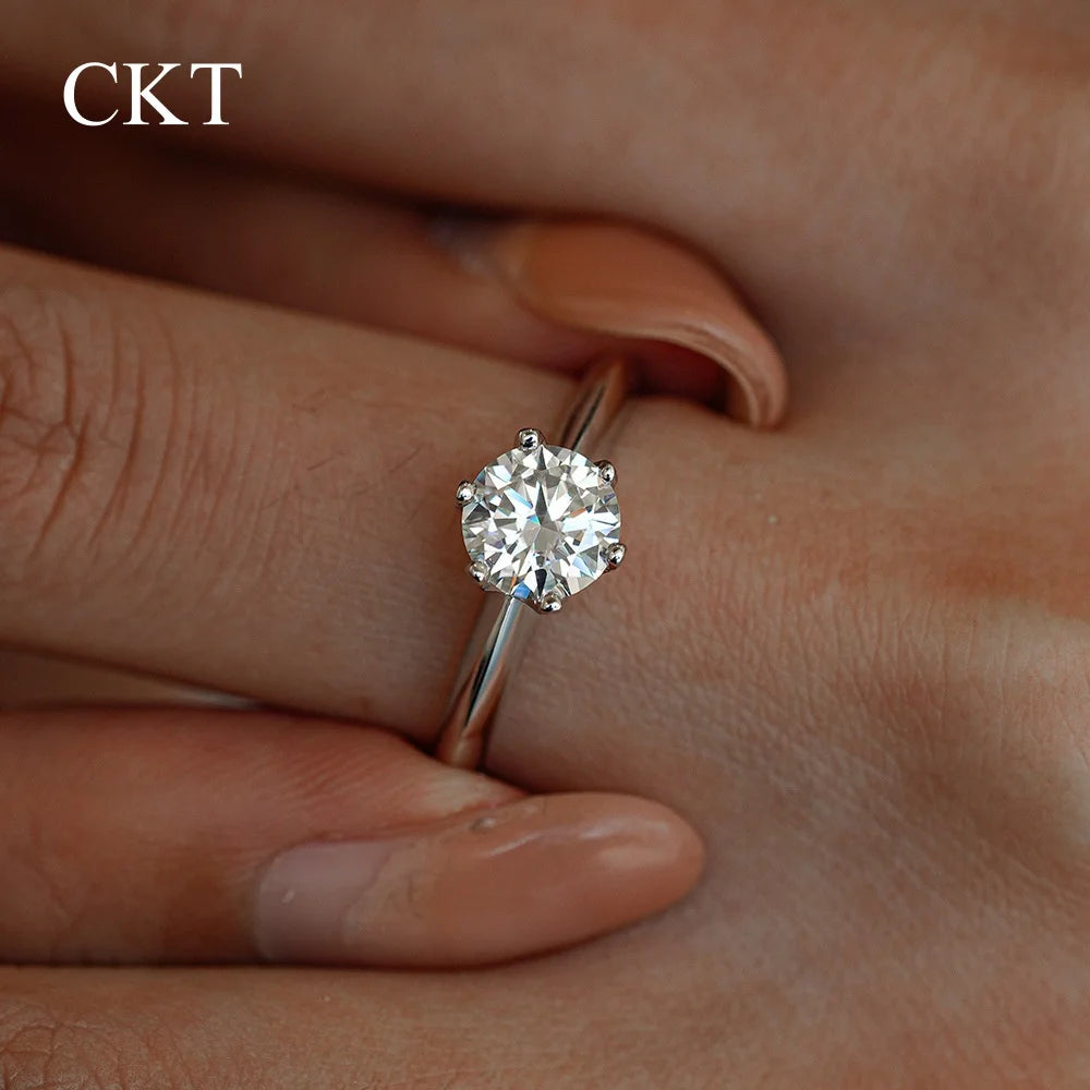 CKT Real 18k White Gold 0.5-5ct Diamond Moissanite Rings for Women Classic Six-Claw Crown Proposal Platinum Pt950 Bands Jewelry