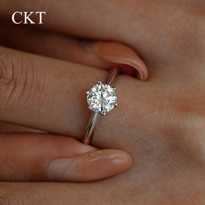 CKT Real 18k White Gold 0.5-5ct Diamond Moissanite Rings for Women Classic Six-Claw Crown Proposal Platinum Pt950 Bands Jewelry