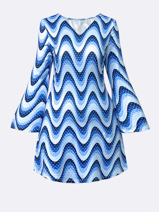 Plus Size 70s Floral Print Dress, Disco Party Mini with Bell Sleeves, Jazz Hippie A-Line Swing Dress for Women