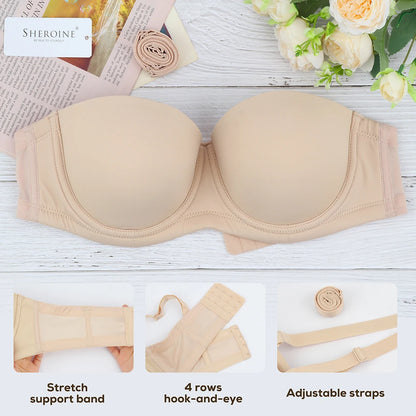 Sheroine Plus Size Strapless Bra Push Up Underwire Full Coverage Light-Padded Bras for Big Breasts Smooth & Comfort with Support