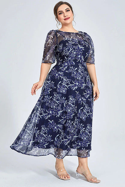 Plus Size Navy Floral Chiffon Midi Dress Round Neck Short Sleeve Flowy Dress Women Casual Summer Elegant Wedding Guest Dress