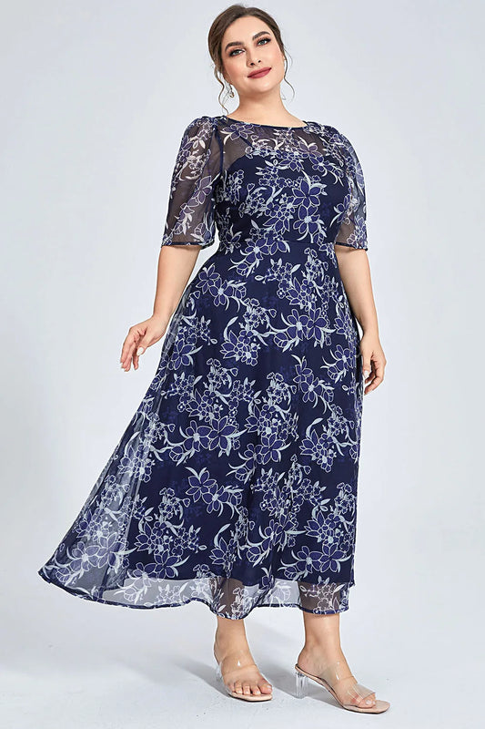 Plus Size Navy Floral Chiffon Midi Dress Round Neck Short Sleeve Flowy Dress Women Casual Summer Elegant Wedding Guest Dress