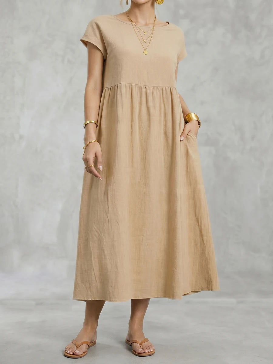 Women Plus Size A Line Midi Dress Round Neck Short Sleeve Solid Color Pleated High Waist Pockets Outfits Women's Casual Dresses