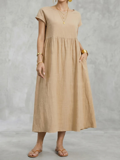 Women Plus Size A Line Midi Dress Round Neck Short Sleeve Solid Color Pleated High Waist Pockets Outfits Women's Casual Dresses