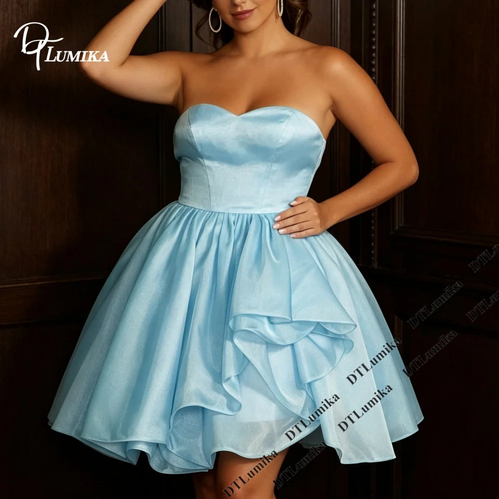 Plus Size Homecoming Dress Strapless Sweetheart Neck Tiered Ruffled Puffy Skirt Satin Short Prom Cocktail Gown for Curvy Women