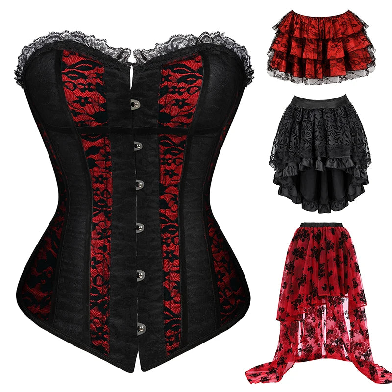 Corset Dresses for Women Plus Size Wedding Dress Red and Black Sexy Lace Up Corset Bustier Top Lace Skirt Gothic Corsets