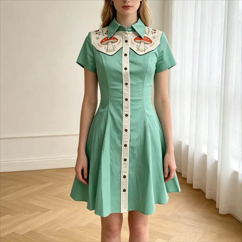 Women's Plus Size Cute Mushroom Print Lapel Collar Dress Button Down Slim Fit Casual Party Dress Cotton Soft Casual Dresses