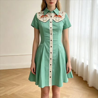 Women's Plus Size Cute Mushroom Print Lapel Collar Dress Button Down Slim Fit Casual Party Dress Cotton Soft Casual Dresses