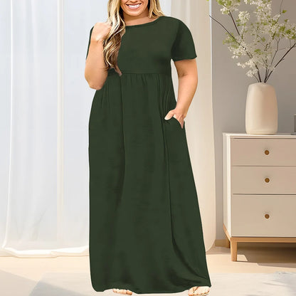 2024 New Women's Plus Size Casual Summer Dress - A-Line Short Sleeve Round Neck Maxi Dress, Machine Washable Solid Color Breatha