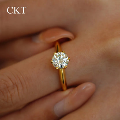 CKT Real 18k Gold Six-claw Rings for Women 6.5mm Round 1ct D Color Diamond Moissanite Fine Jewelry Wedding Bands Ring