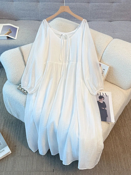 150Kg Plus Size Women's Bust 151 Autumn Solid Color Strap Casual Style Square Neck Long Sleeved Dress 5XL 6XL 7XL 8XL 9XL