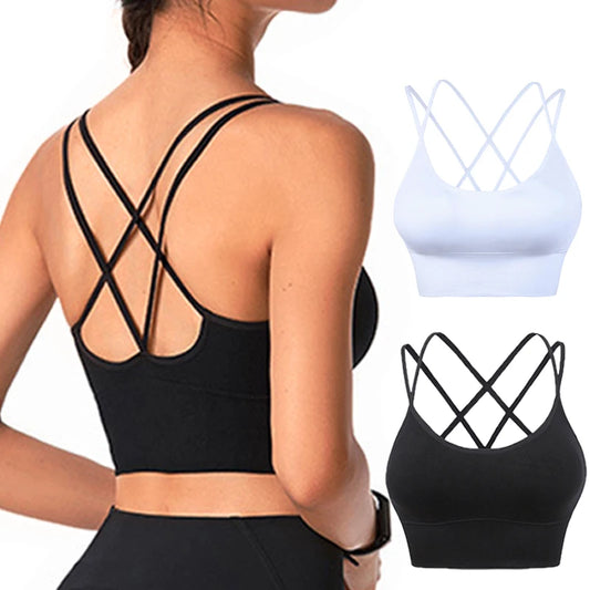 Sexy Women Tops Back Cross Straps Tank Tops Push Up Running Sports Bra Breathable Soft Fitness Beauty Gym Shockproof Yoga Bra