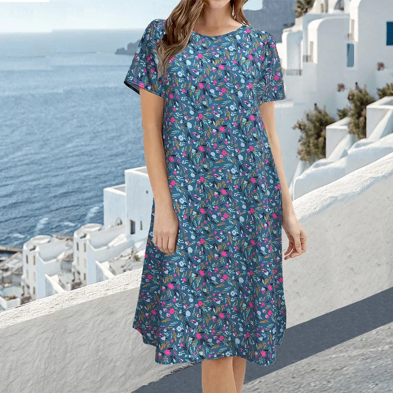 Plus-Size Women's Floral Print round Neck Short Sleeve Dress Loose Fit Fashionable Casual Home Wear Everyday Dress