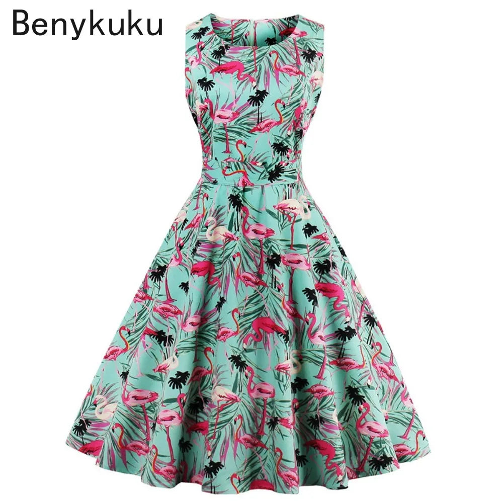 Plus Size Swan Flamingo Print Vintage Dress Women Casual Tunic Pin Up Robe 50s Rockabilly Summer Party Dresses Feminino Vestidos